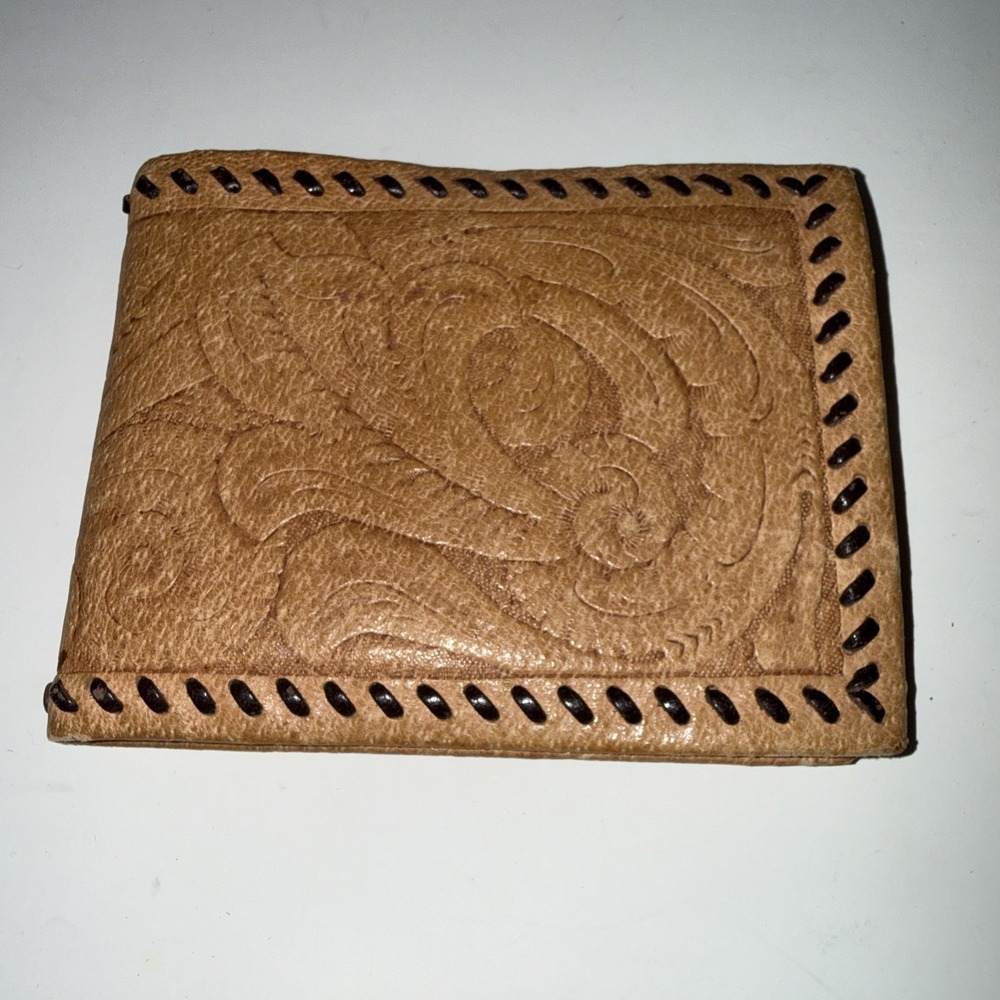 Hand Tooled Leather Bifold Wallet Western Floral Braided Edge Brown
